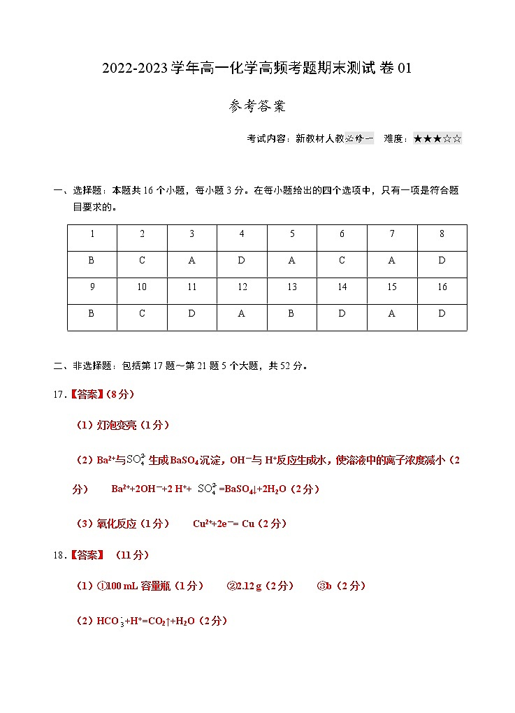 【期末模拟试卷】人教版(2019)高一化学必修第一册-期末模拟卷01（含考试版+解析版+参考答案）01