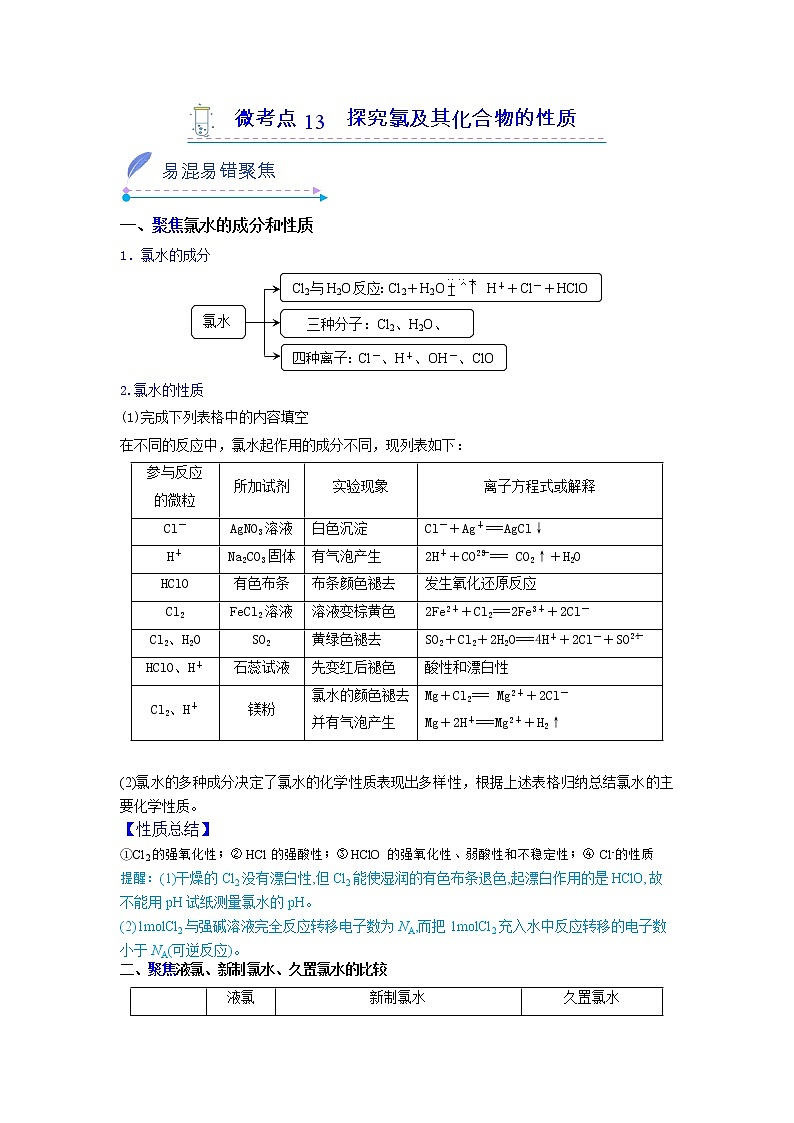 2022-2023学年人教版化学必修第一册微考点13探究 氯及其化合物的性质（Word版附解析）第1页