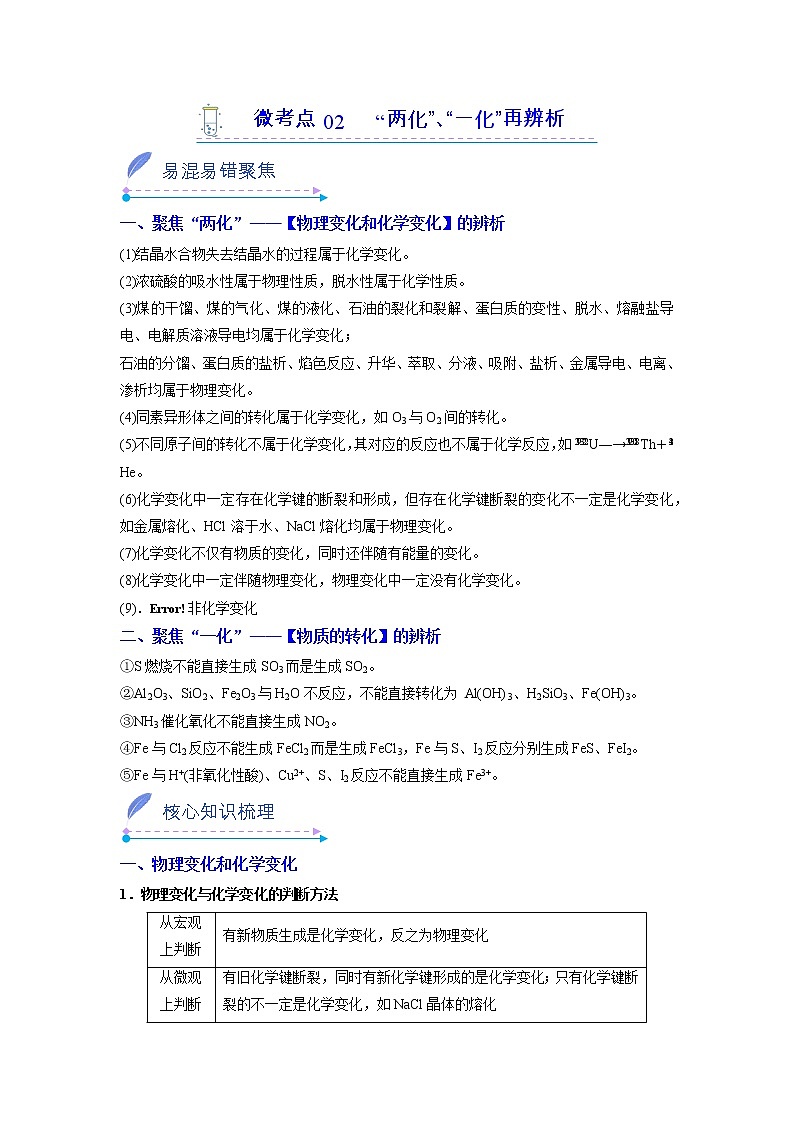 2022-2023学年人教版化学必修第一册微考点02“两化”、“一化”再辨析（Word版附解析）第1页