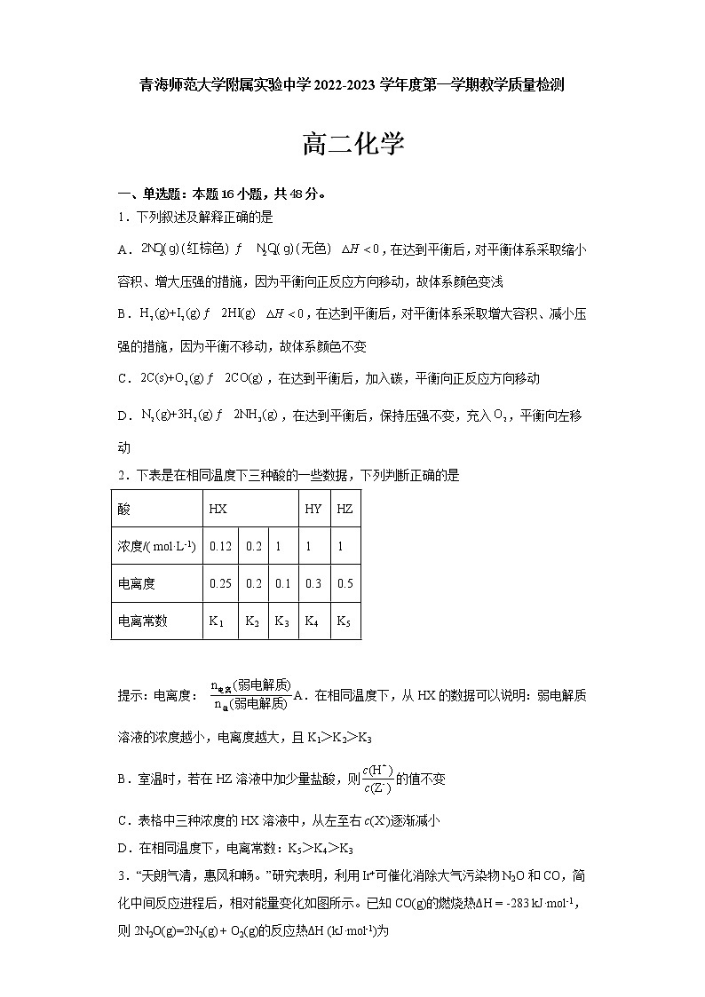 2023西宁城西区师范大学附属实验中学高二上学期12月月考化学试题含答案第1页