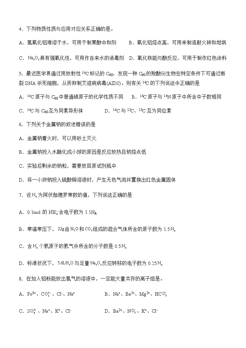 四川省泸州市2022-2023学年高一上学期期末模拟化学试题（Word版含答案）02