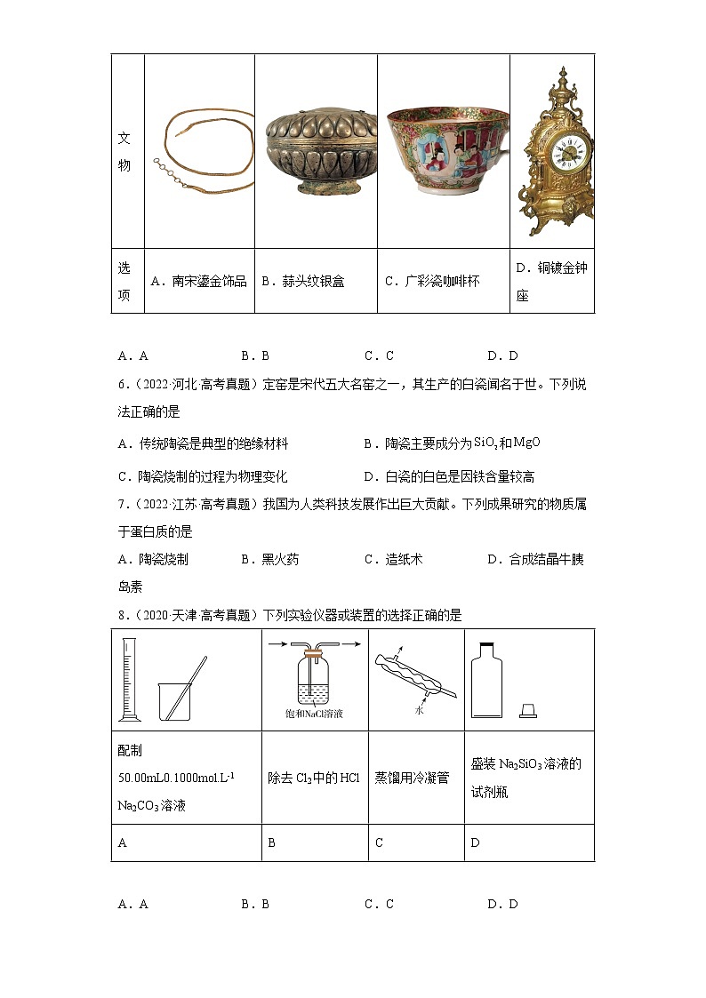五年2018-2022高考化学真题按知识点分类汇编19-碳元素及其化合物-硅酸与硅酸盐（含解析）02