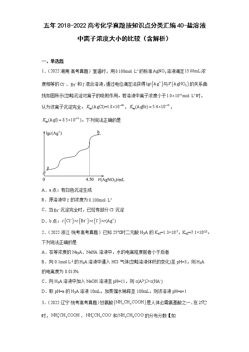 五年2018-2022高考化学真题按知识点分类汇编40-盐溶液中离子浓度大小的比较（含解析）第1页