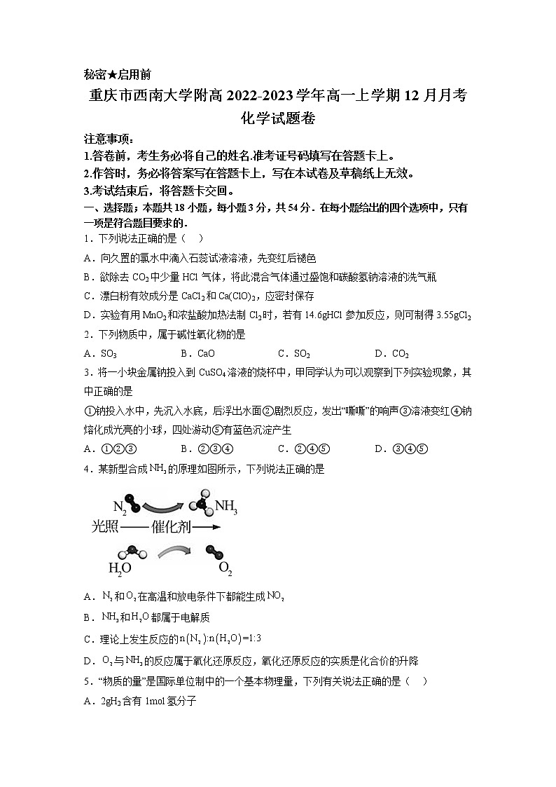 2022-2023学年重庆市西南大学附高高一上学期12月月考化学试题（Word版含答案）01