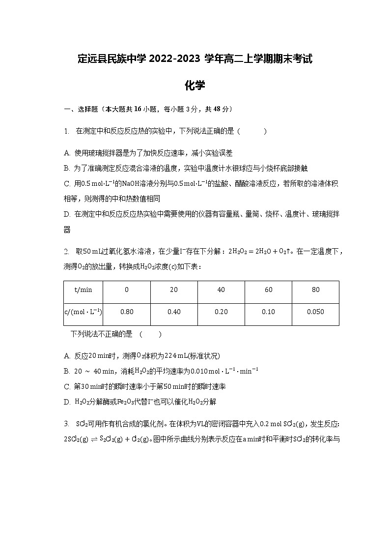 安徽省滁州市定远县民族中学2022-2023学年高二上学期期末考试化学试题（Word版含答案）01