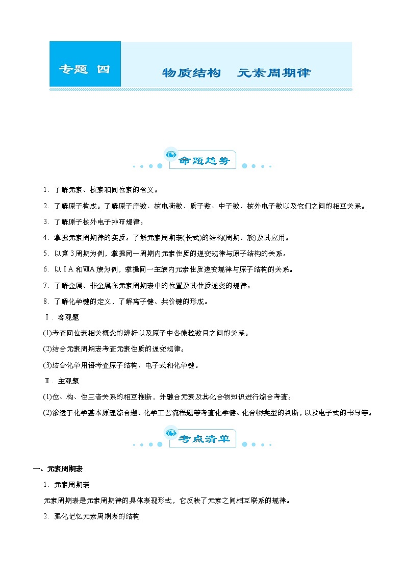 高中化学 2021届高考二轮精品专题四 物质结构  元素周期律 学生版01