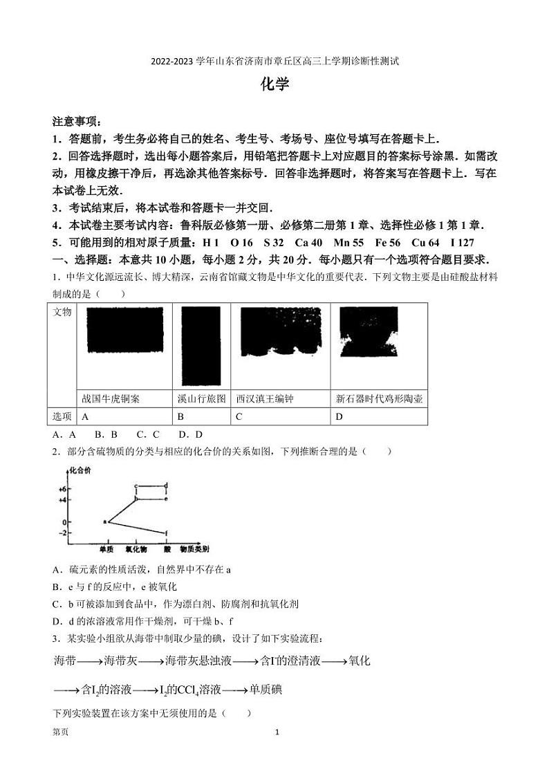 2022-2023学年山东省济南市章丘区高三上学期诊断性测试化学试题（PDF版）第1页