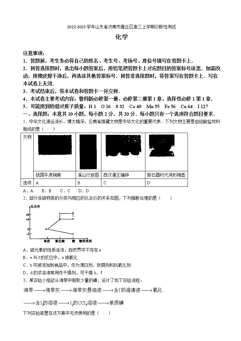 2022-2023学年山东省济南市章丘区高三上学期诊断性测试化学试题（word版）01