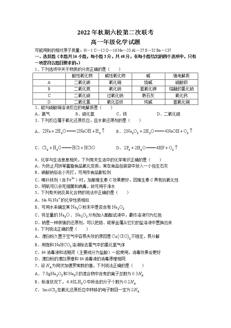 河南省南阳市六校2022-2023学年高一上学期第二次联考化学试题 Word版01