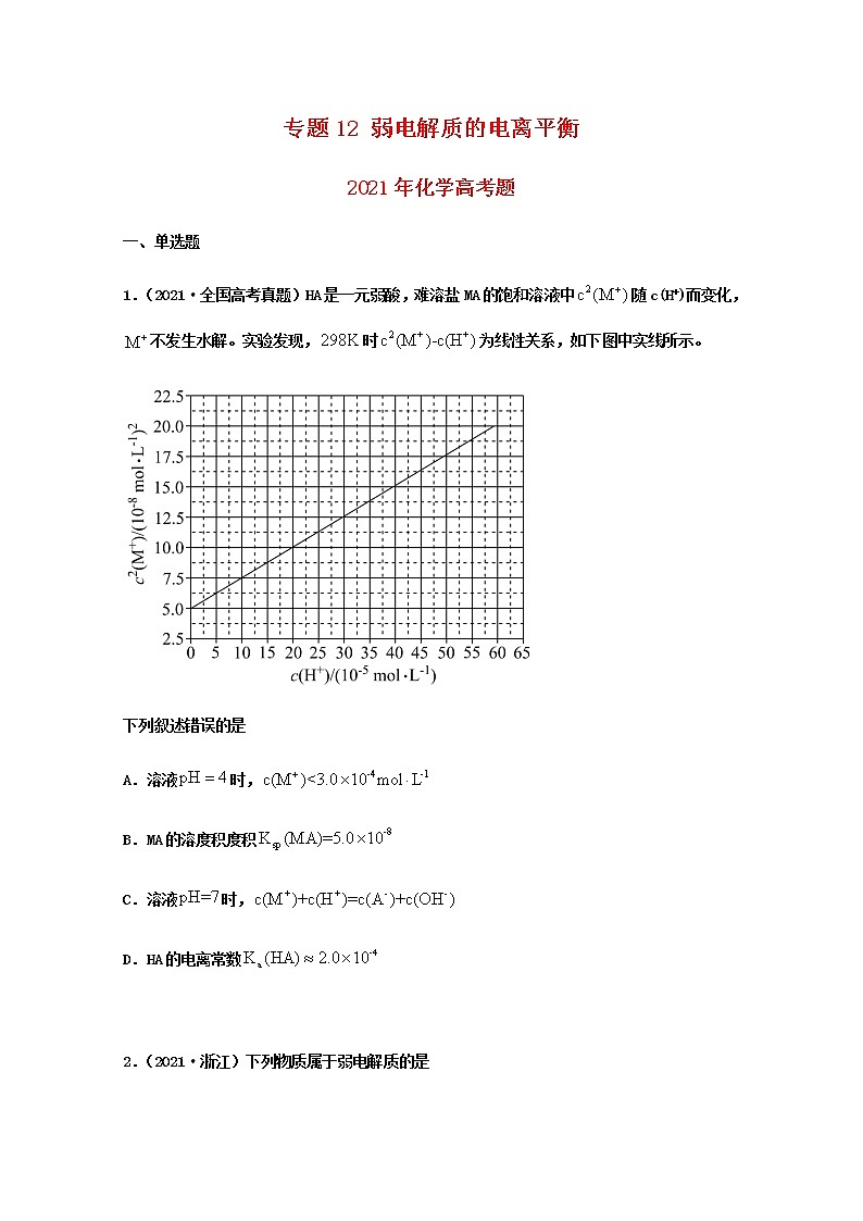 高中化学专题12弱电解质的电离平衡（学生版）2021年高考化学真题和模拟题分类汇编（36题）第1页