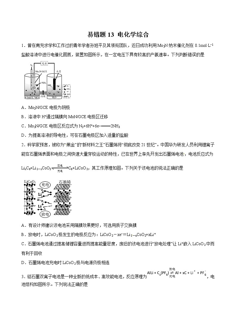高中化学专题13 电化学综合-2019年高考化学易错题汇总（原卷版）01