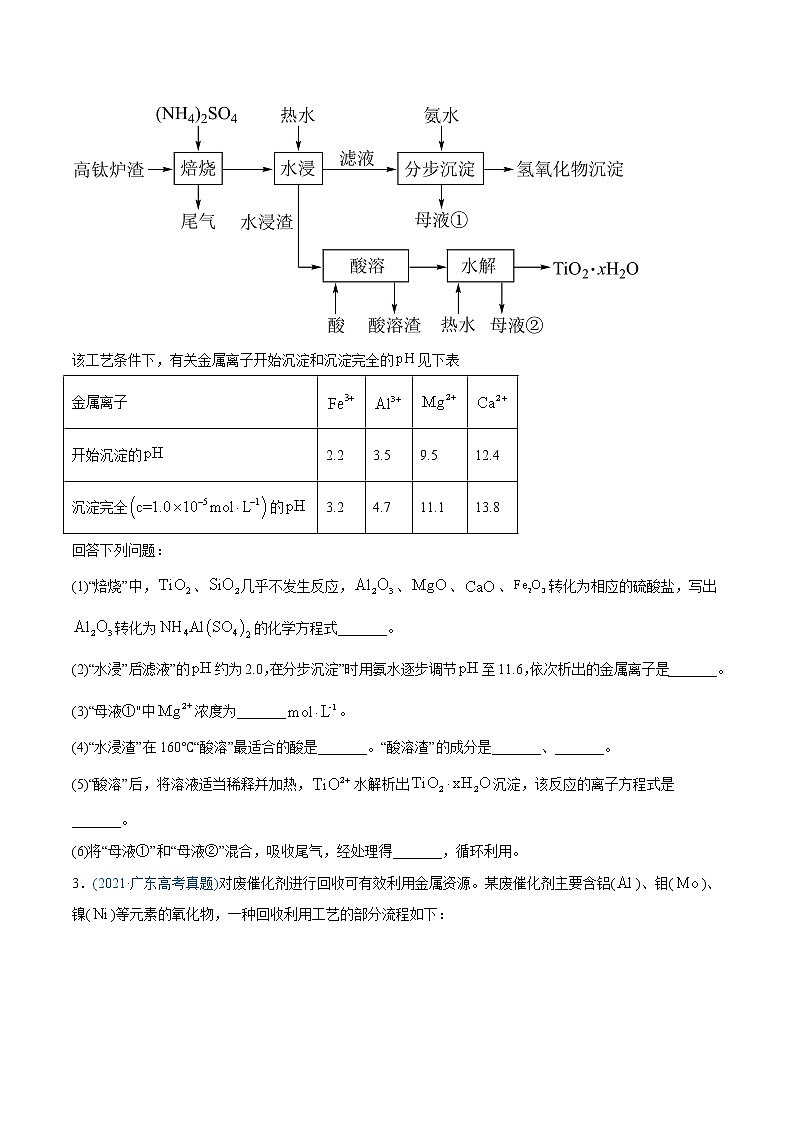高中化学专题15 工艺流程题-2021年高考化学真题与模拟题分类训练（学生版）02