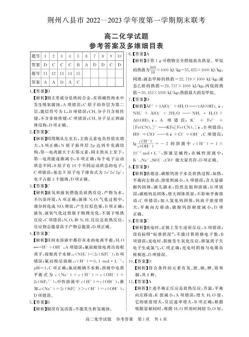 湖北省荆州市八县市2022-2023学年高二上学期期末联考化学试题答案01