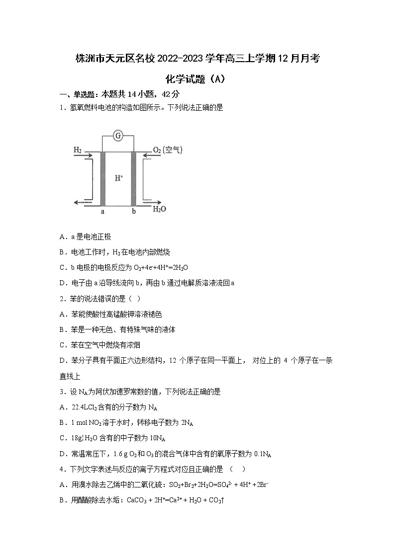 湖南省株洲市天元区名校2023届高三化学上学期12月月考（A）试卷（Word版附答案）第1页