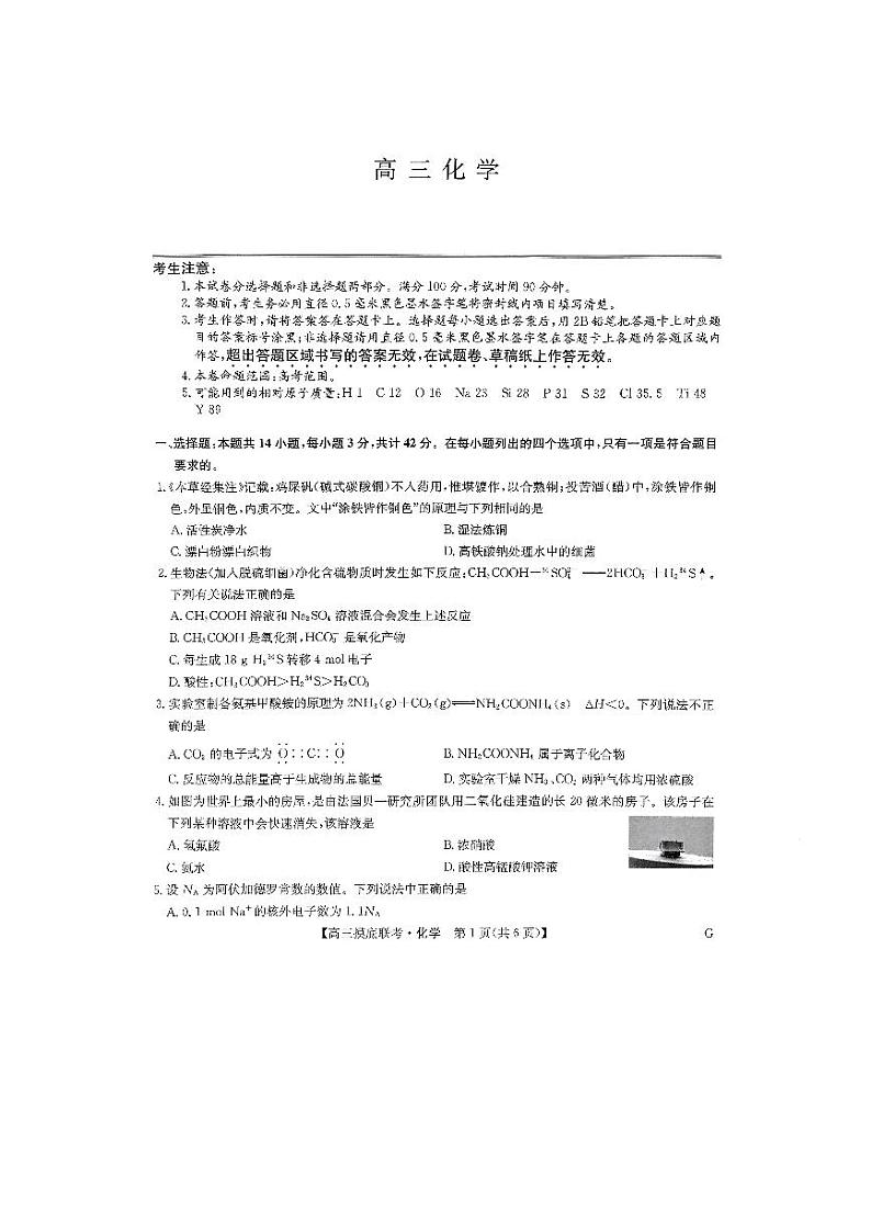 2022-2023学年河南九师联盟高三上学期摸底联考化学试题及答案01