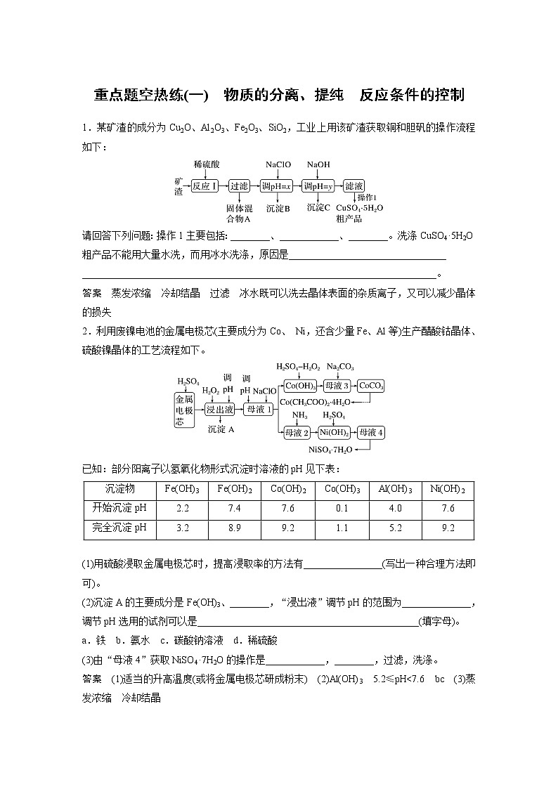 2023版高考化学步步高大二轮复习讲义第一部分 大题突破3　重点题空热练(一)　物质的分离、提纯　反应条件的控制【解析版】第1页