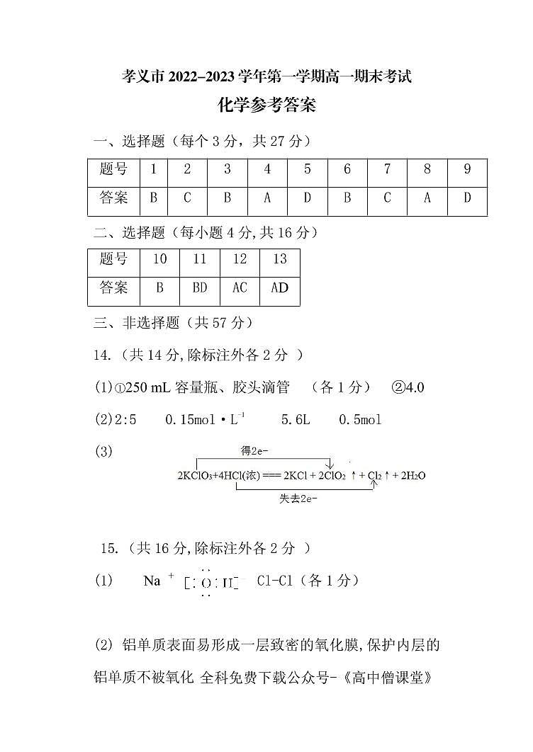 2023吕梁孝义高一上学期1月期末考试化学试题扫描版含答案01