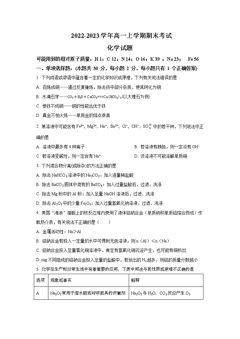 天津市耀华名校2022-2023学年高一上学期期末考试 化学试题（解析版）01