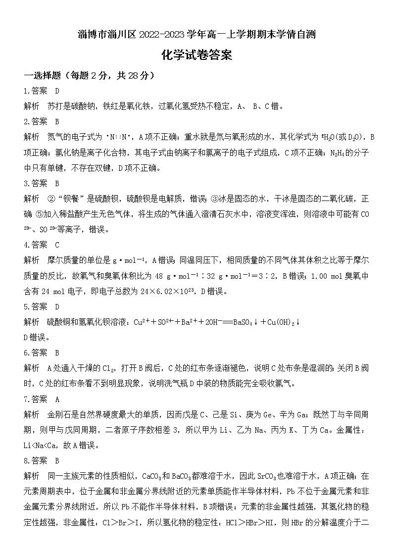山东省淄博市淄川区2022-2023学年高一上学期期末学情自测化学试题（Word版含答案）01