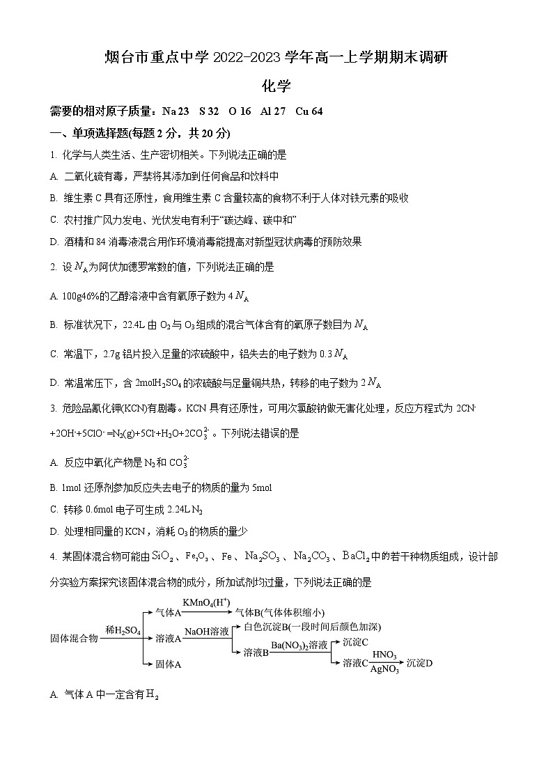 山东省烟台市重点中学2022-2023学年高一上学期期末调研化学试题（Word版含答案）第1页