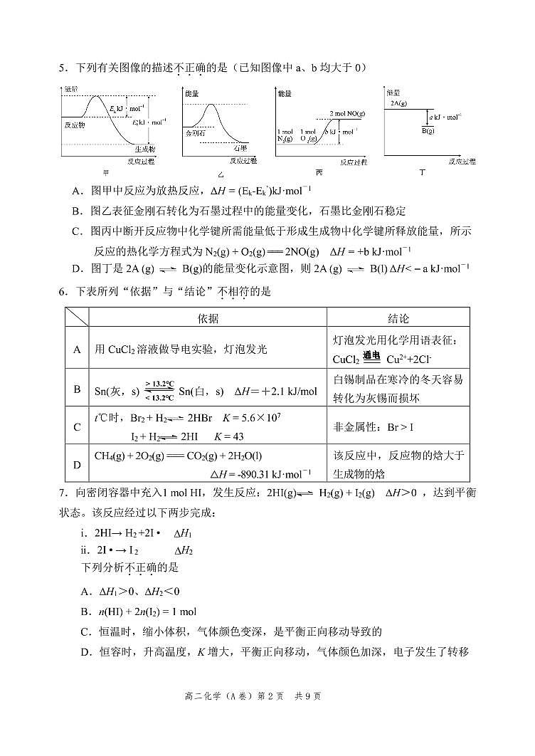 2022-2023学年北京丰台高二（上）期中化学A卷试题及答案第2页