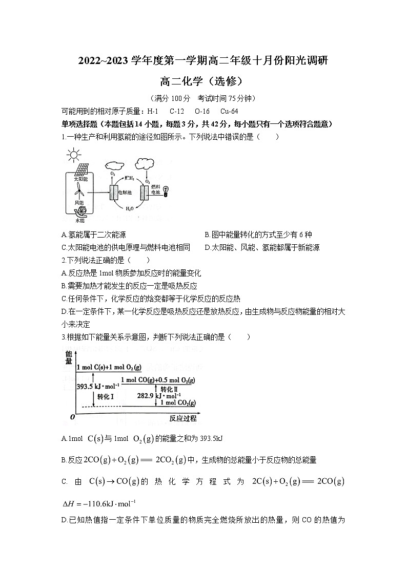 2022-2023学年江苏省常熟中学高二上学期10月阳光调研试题 化学（选修） Word版01
