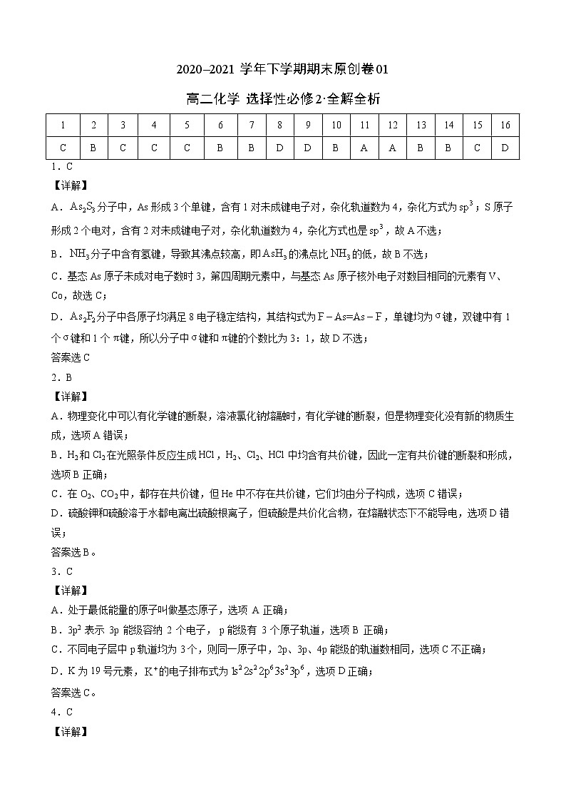 学易金卷：2020-2021学年高二化学下学期期末测试卷（人教版2019选择性必修2）01（全解全析）第1页