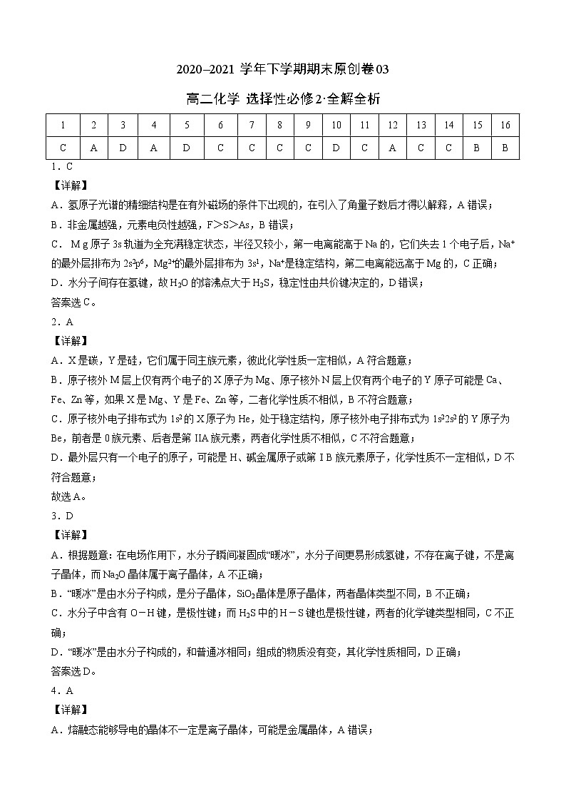 学易金卷：2020-2021学年高二化学下学期期末测试卷（人教版2019选择性必修2）0301