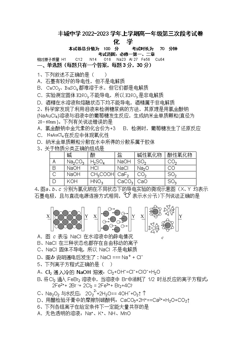 2022-2023学年江西省丰城中学高一上学期第三次段考化学试卷第1页