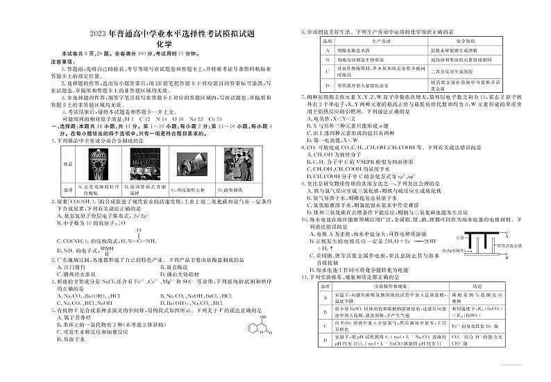 2023年广东省普通高中学业水平选择性考试模拟化学试题（PDF版，含答案）第1页