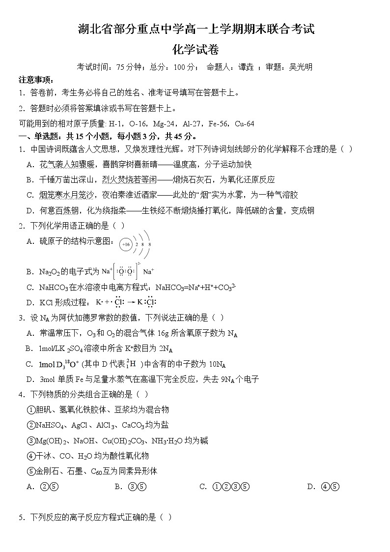 2023湖北省部分重点中学高一上学期期末联合考试化学试卷含答案01