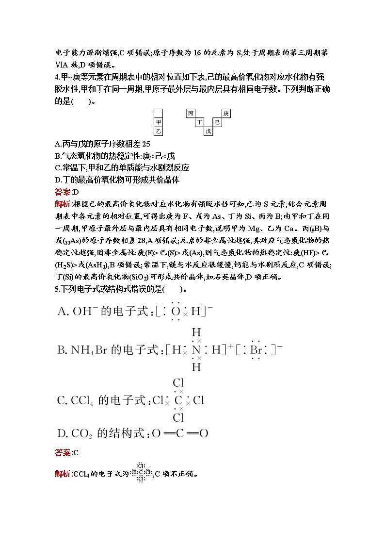 2021-2022学年化学苏教版必修第一册习题：专题5 微观结构与物质的多样性 测评（A）02