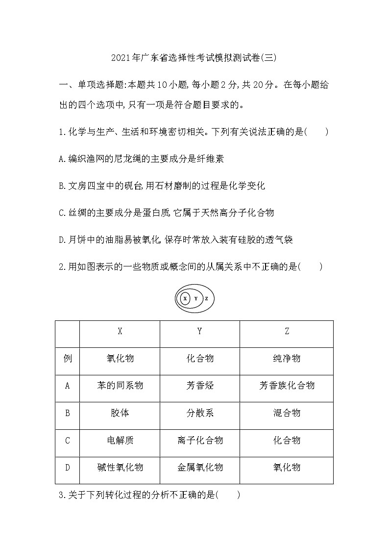 2021年广东省选择性考试化学模拟测试题（三） Word版第1页