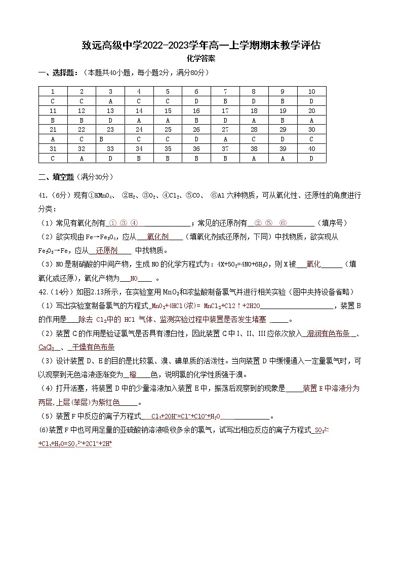 上海市奉贤区致远高级中学2022-2023学年高一上学期期末教学评估化学试题（Word版含答案）01