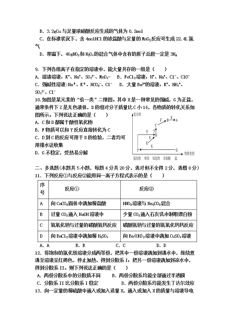 山东省滕州市第一中学2022-2023学年高一化学上学期期末考试试题（Word版附答案）03