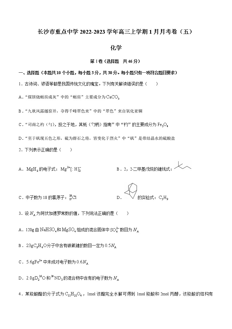 湖南省长沙市重点中学2022-2023学年高三上学期1月月考卷（五）化学试题第1页