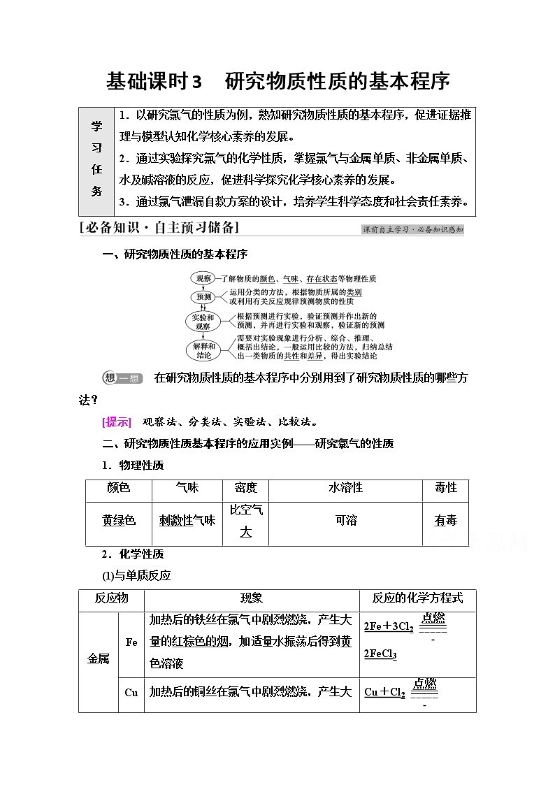 新教材2021-2022学年鲁科版化学必修第一册学案：第1章 第3节 基础课时3　研究物质性质的基本程序01