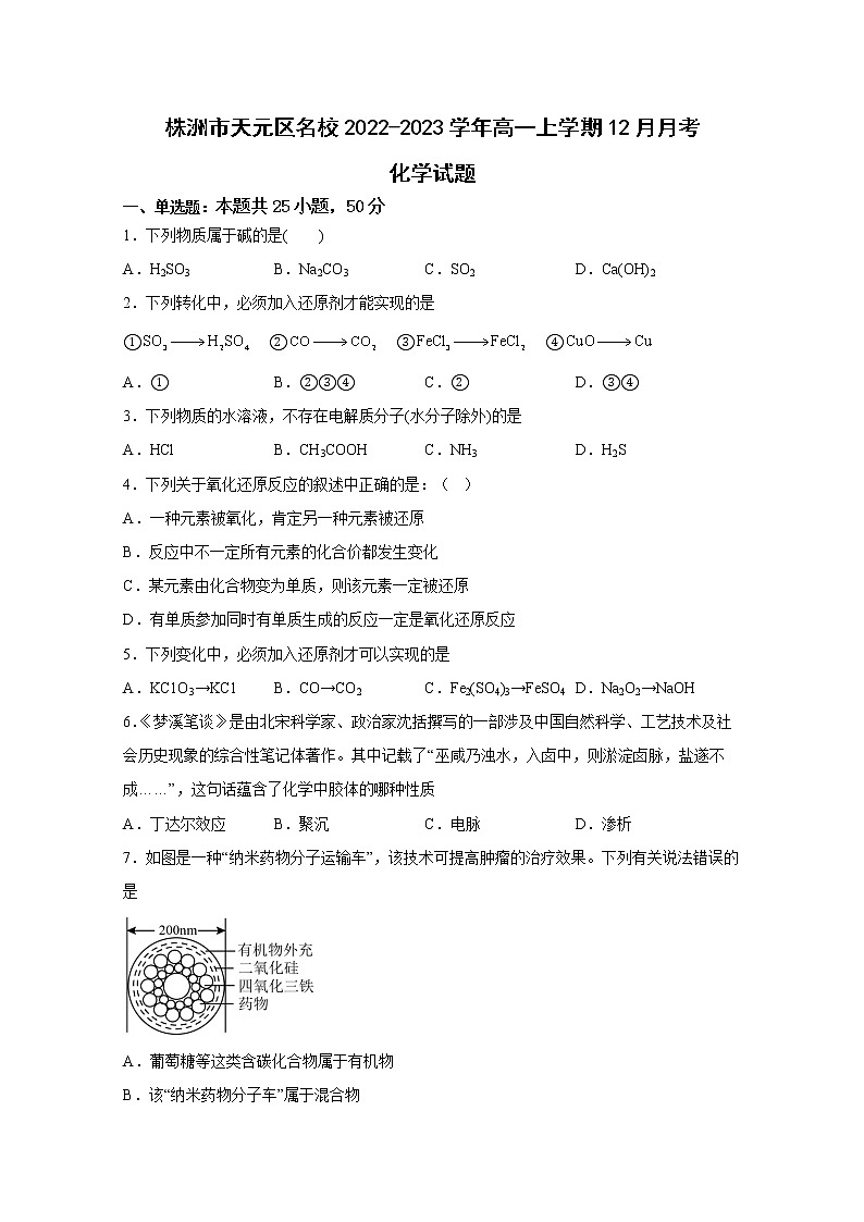 湖南省株洲市天元区2022-2023学年高一化学上学期12月月考试卷（Word版附答案）第1页