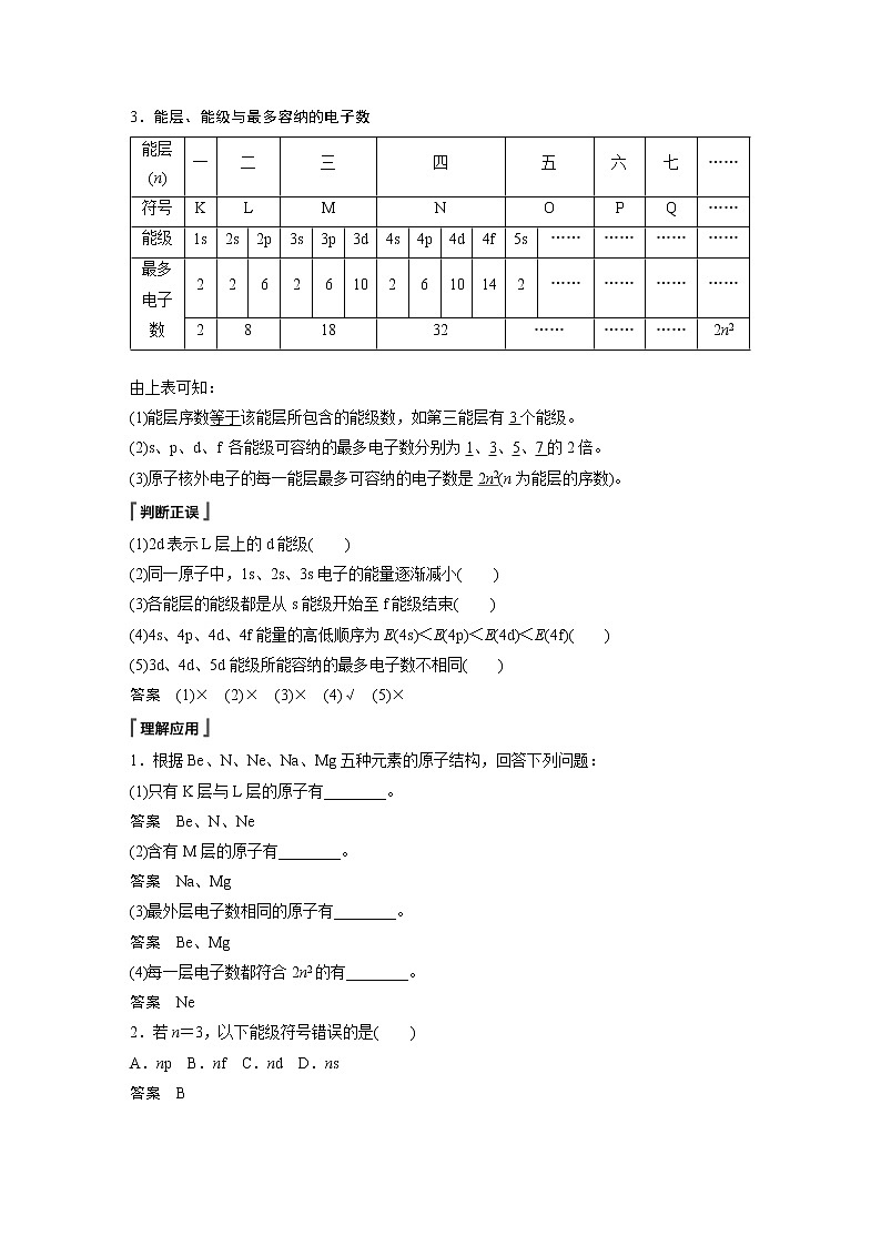 第一章 第一节 第1课时 能层与能级　基态与激发态 试卷02