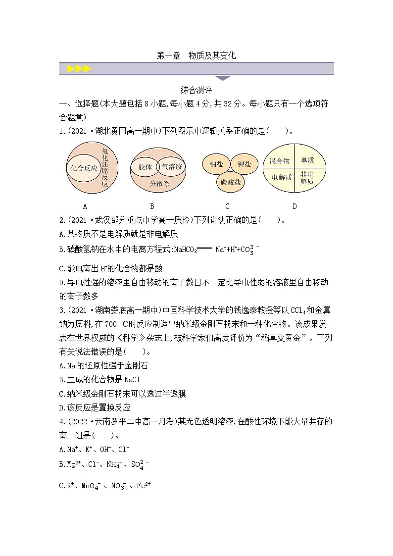 人教版 (2019) 高中 化学 选择性必修1 第一章物质及其变化测试卷第1页