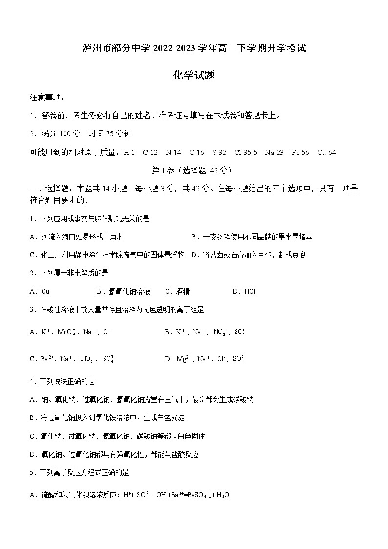 四川省泸州市部分中学2022-2023学年高一下学期开学考试化学试题（Word版含答案）01