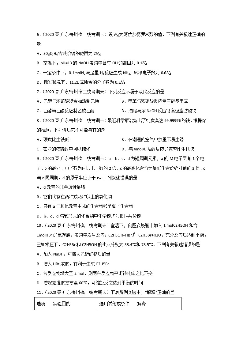 广东省梅州市2020-2022三年高一化学下学期期末试题汇编1-选择题①02