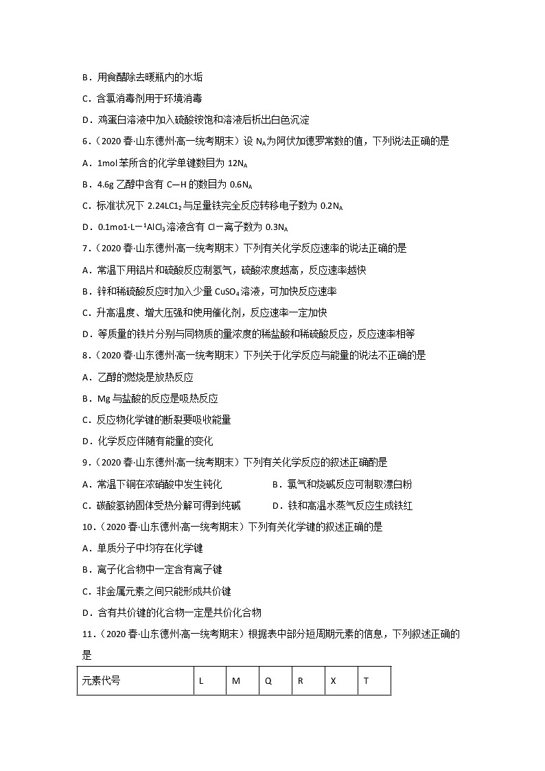 山东省德州市2020-2022三年高一化学下学期期末试题汇编1-选择题①第2页