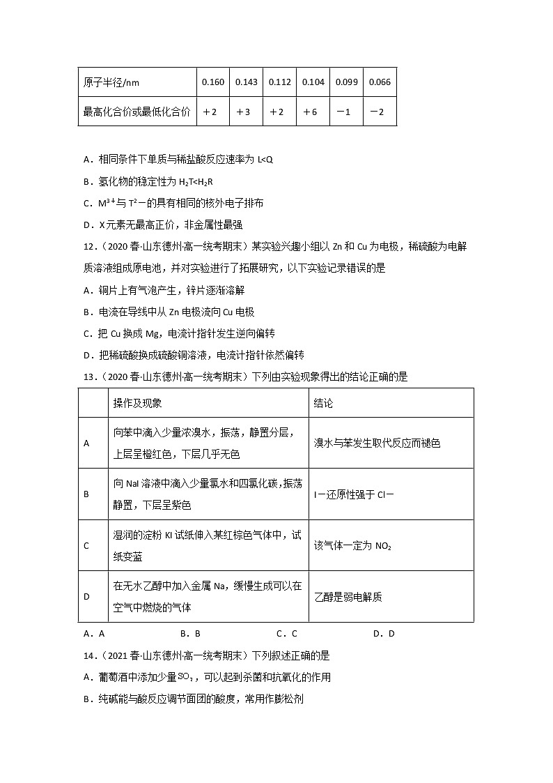 山东省德州市2020-2022三年高一化学下学期期末试题汇编1-选择题①第3页