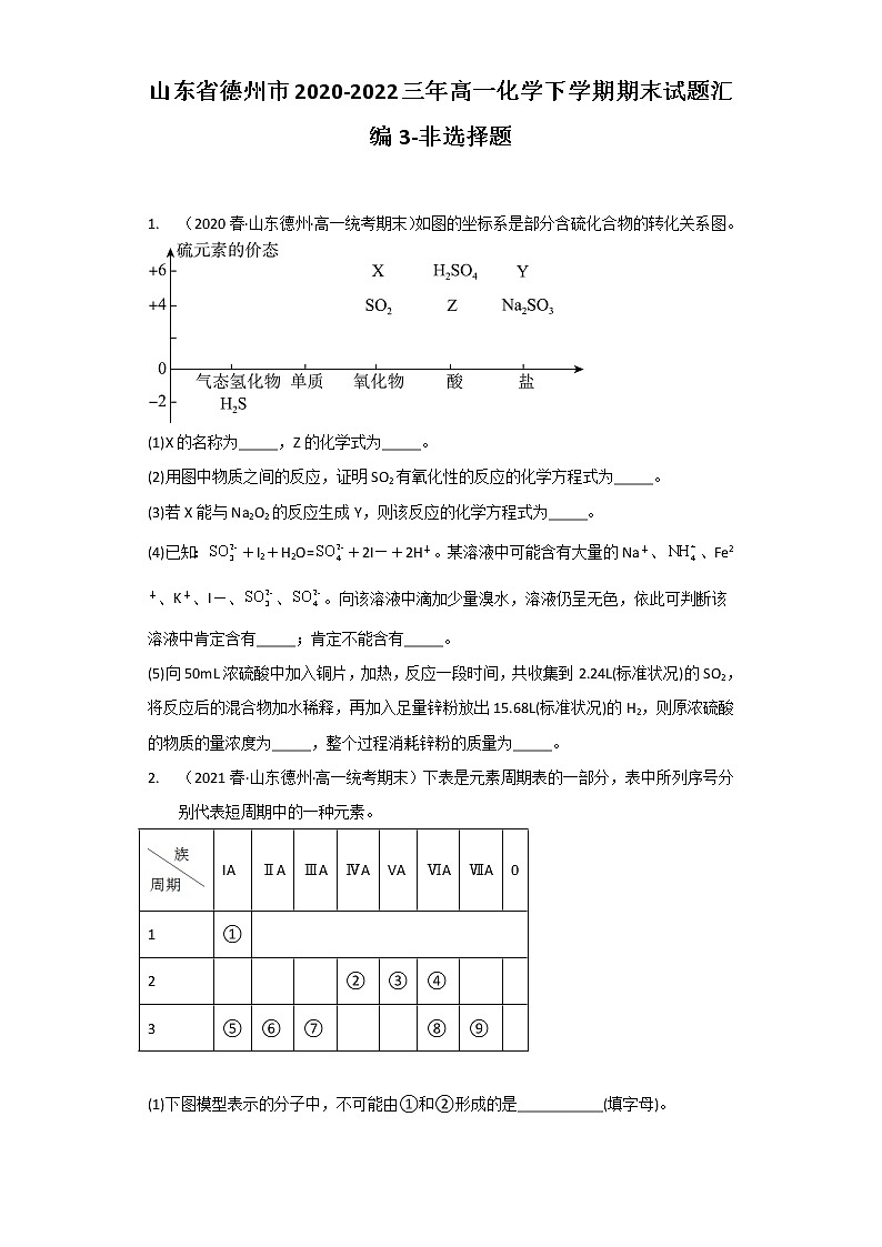 山东省德州市2020-2022三年高一化学下学期期末试题汇编3-非选择题01