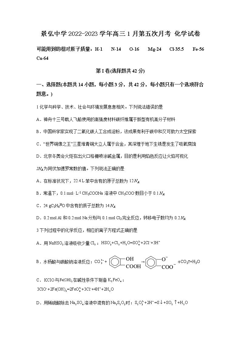 湖南省株洲市景弘中学2022-2023学年高三1月第五次月考化学试题（Word版含答案）01