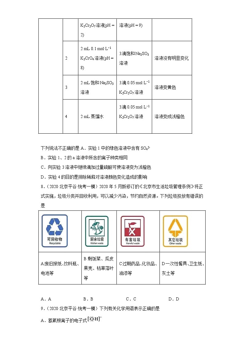 北京市平谷区2020届-2022届高考化学三年模拟（一模）试题汇编-选择题03