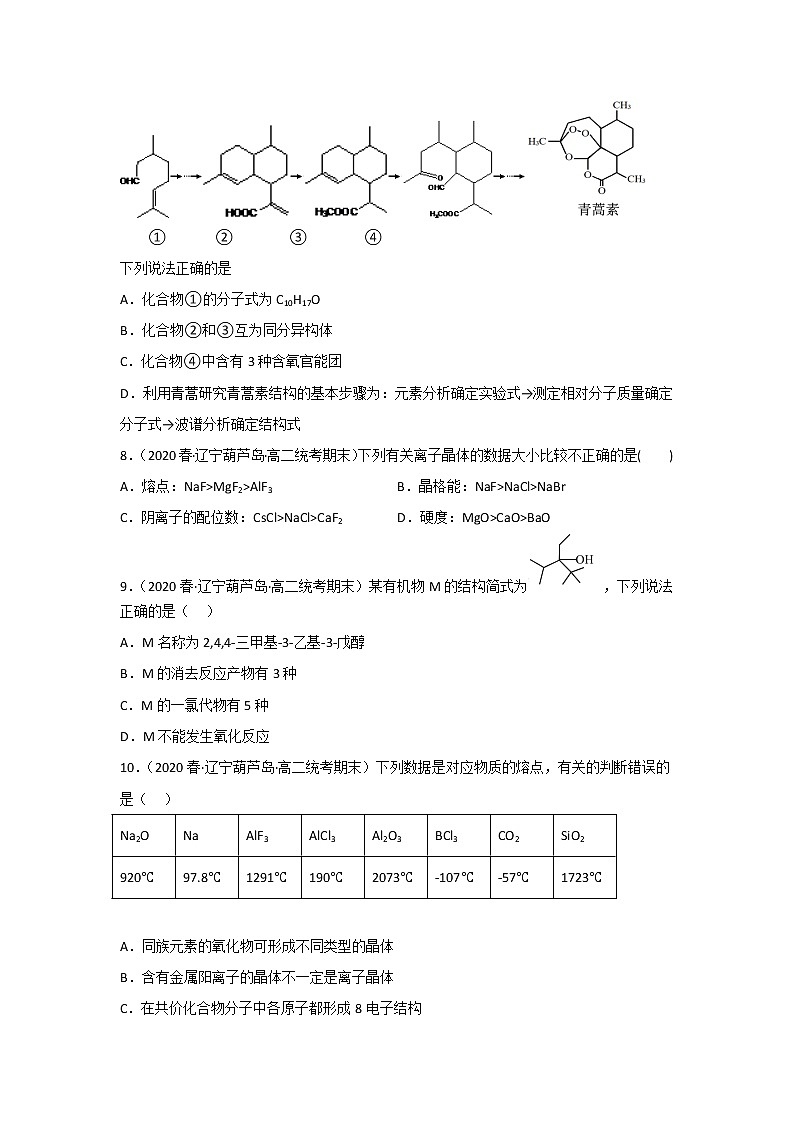 辽宁省葫芦岛市2020-2022三年高二化学下学期期末试题汇编1-选择题①03