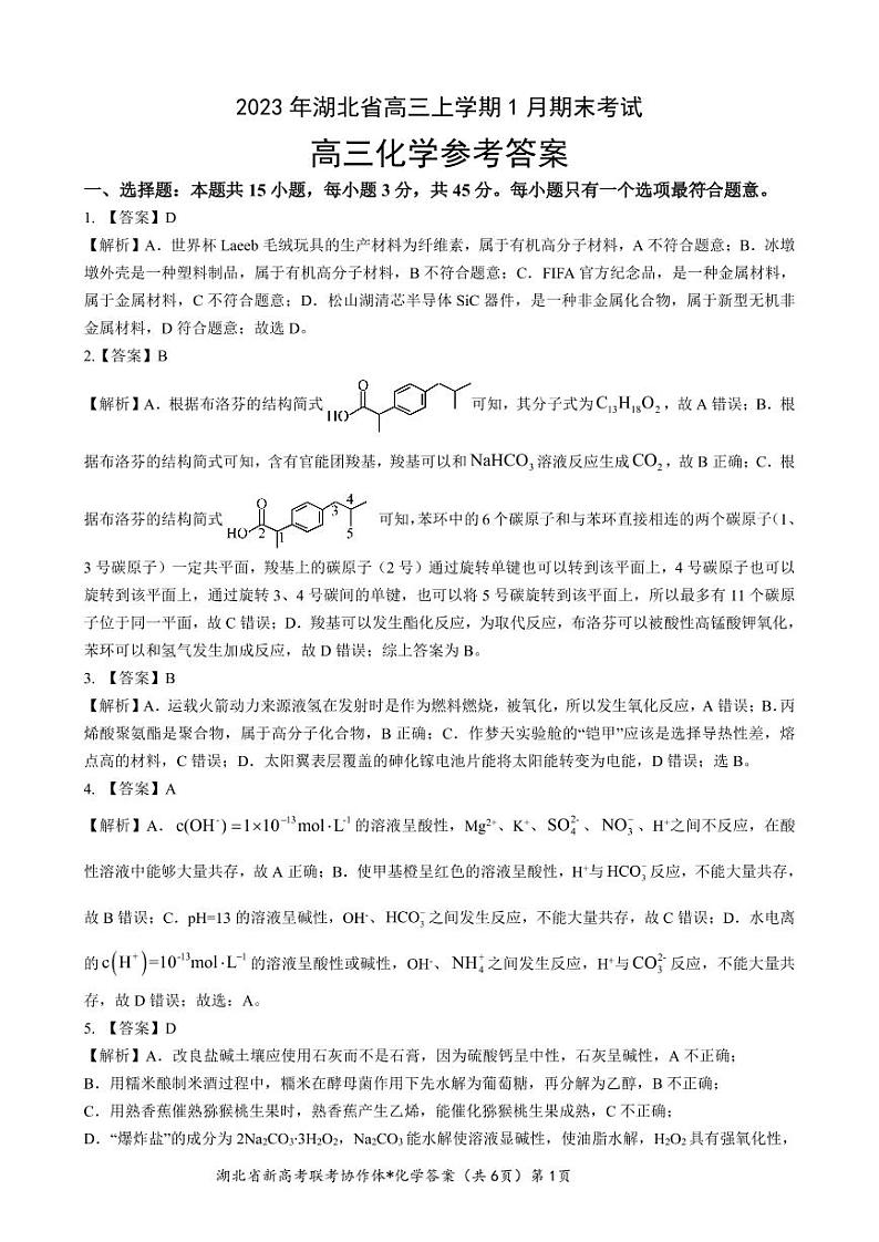 2023湖北省高三新高考联考协作体高三上学期期末考试化学PDF版含答案（可编辑）01