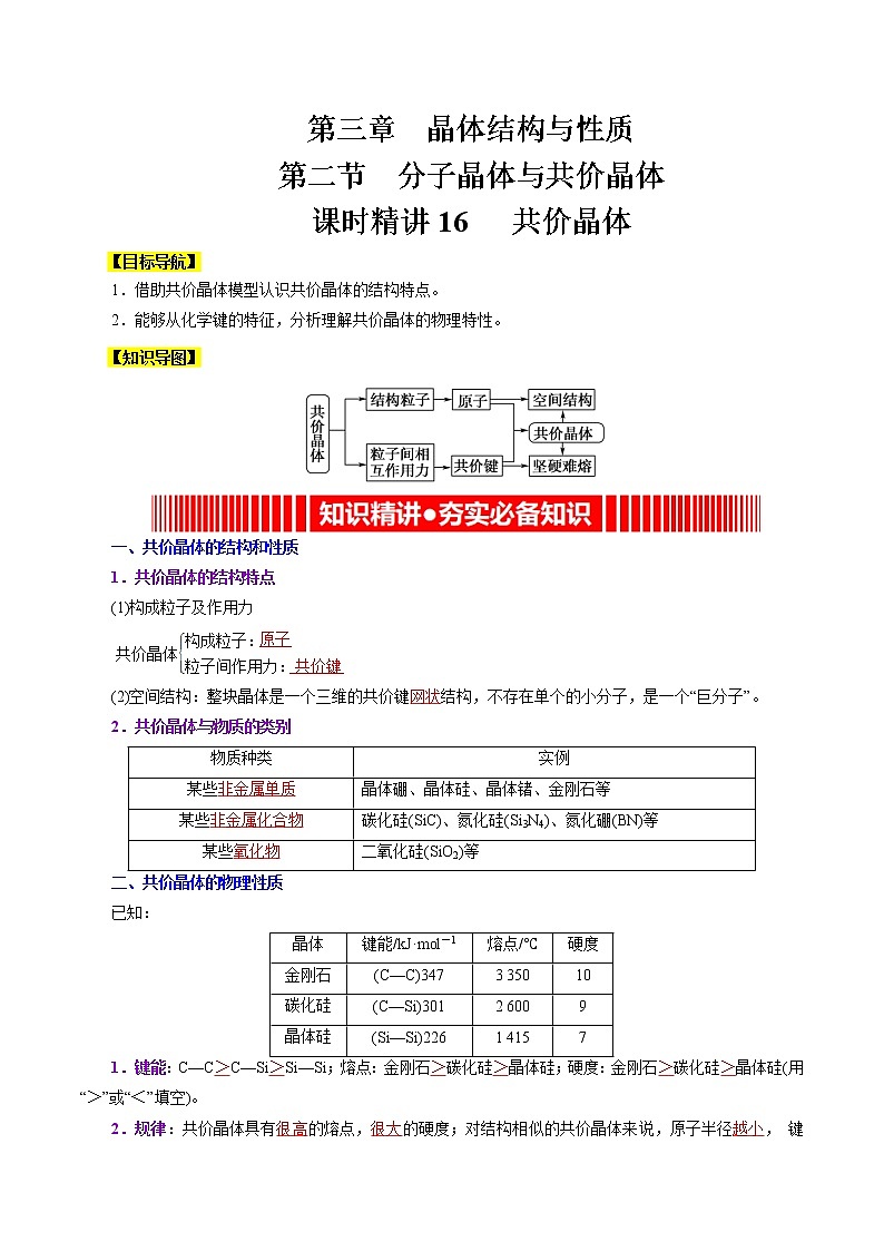 课时16   共价晶体（精讲）-高二化学精讲精练（人教2019选择性必修2）01